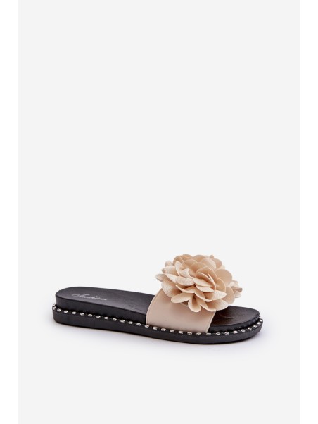 Women's Beige Flower Embellished Slippers Cellanen