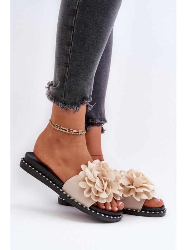 Women's Beige Flower Embellished Slippers Cellanen