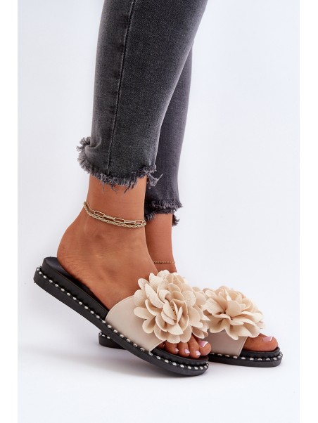 Women's Beige Flower Embellished Slippers Cellanen