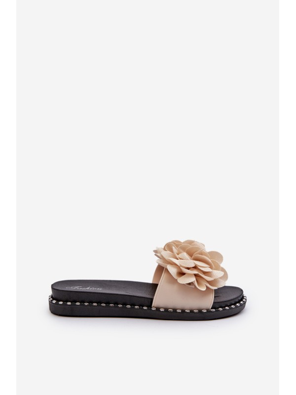 Women's Beige Flower Embellished Slippers Cellanen