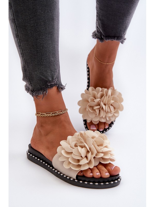 Women's Beige Flower Embellished Slippers Cellanen
