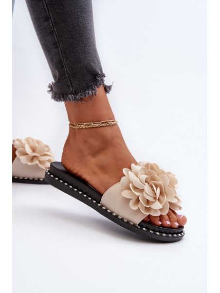 Women's Beige Flower Embellished Slippers Cellanen