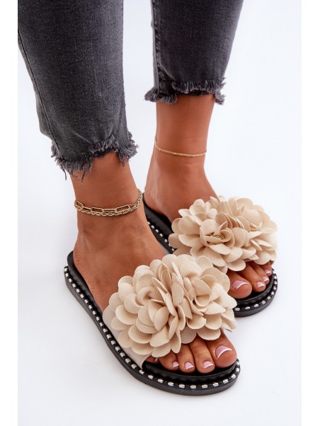 Women's Beige Flower Embellished Slippers Cellanen