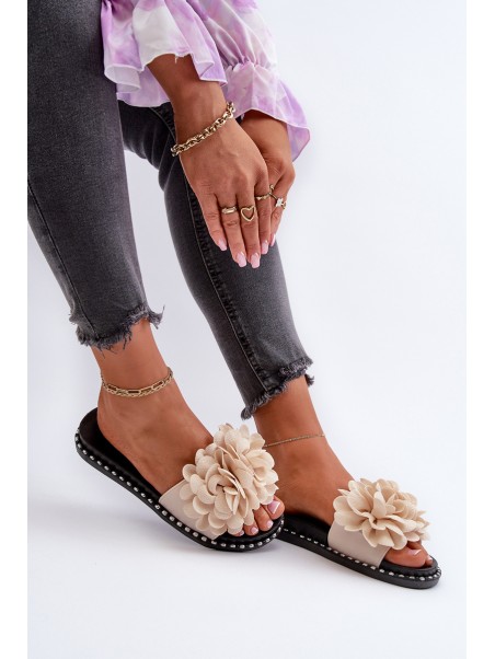 Women's Beige Flower Embellished Slippers Cellanen