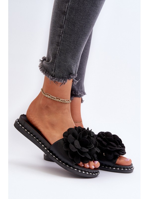 Women's Sandals Decorated with Flowers Black Cellanen