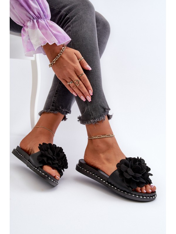 Women's Sandals Decorated with Flowers Black Cellanen