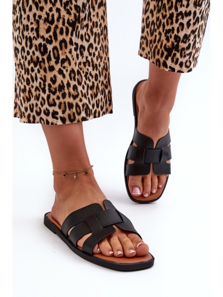 Flat Women's Flip-Flops Made of Faux Leather Black Risamay