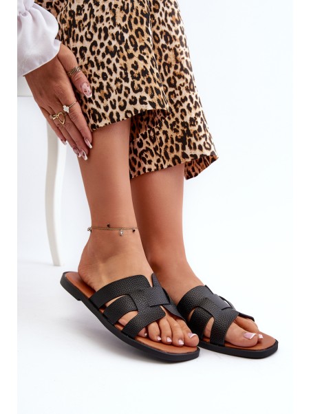 Flat Women's Flip-Flops Made of Faux Leather Black Risamay