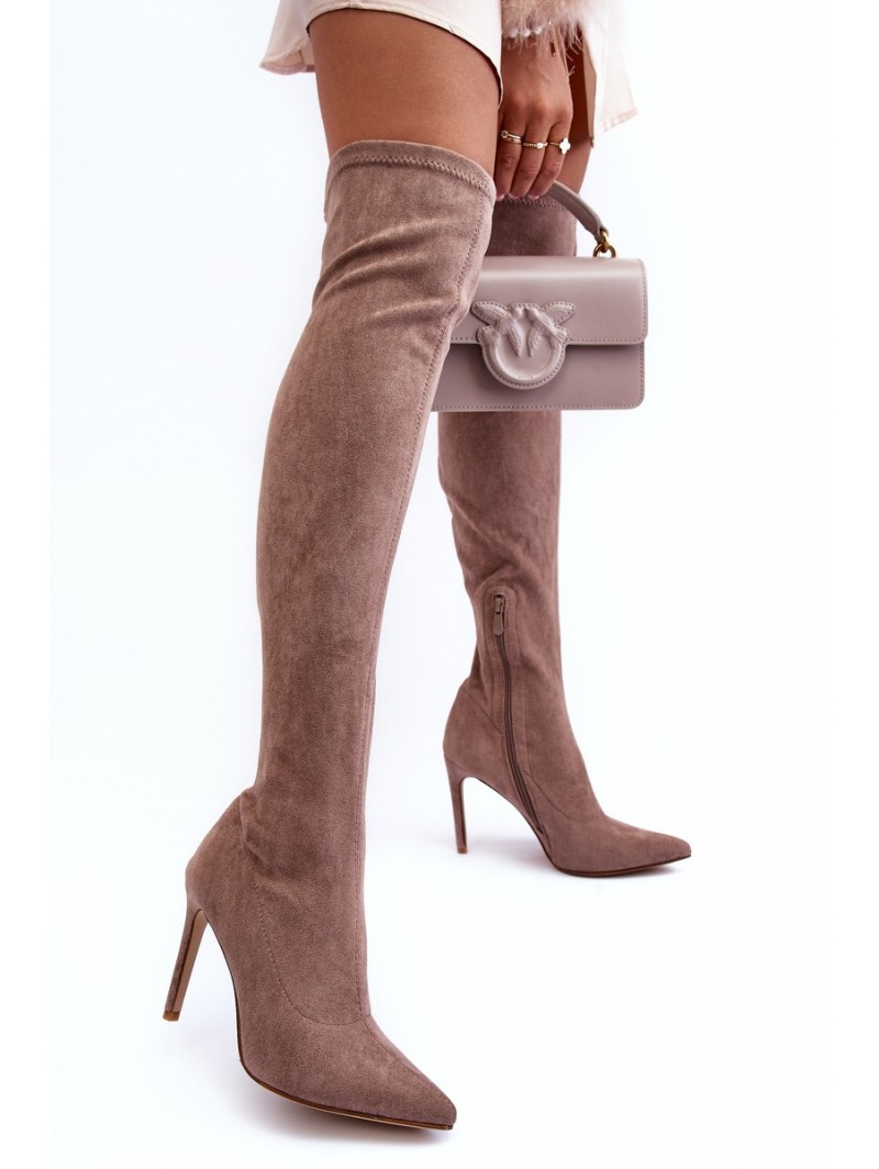 Women's Suede Over The Knee Boots On Heel Beige Calfi