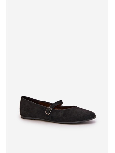 Flat Ballet Shoes With Strap Eco Suede Black Tirilina
