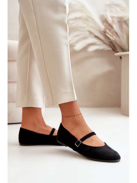 Flat Ballet Shoes With Strap Eco Suede Black Tirilina