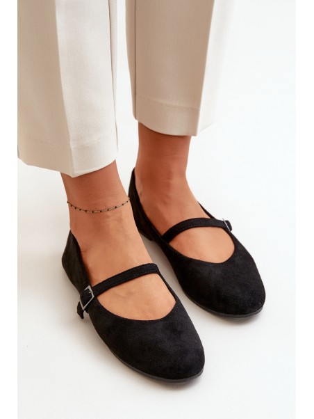 Flat Ballet Shoes With Strap Eco Suede Black Tirilina
