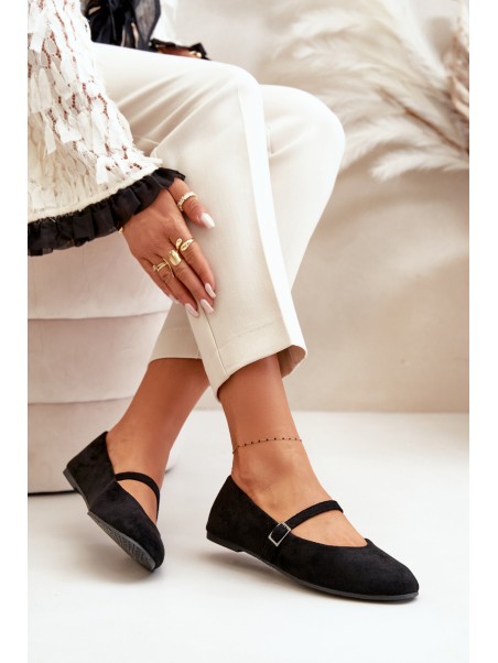 Flat Ballet Shoes With Strap Eco Suede Black Tirilina