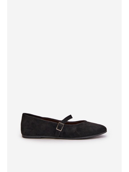 Flat Ballet Shoes With Strap Eco Suede Black Tirilina