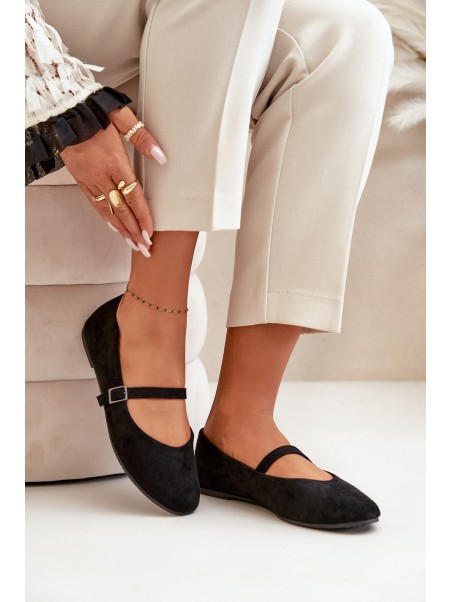 Flat Ballet Shoes With Strap Eco Suede Black Tirilina