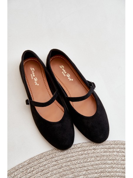 Flat Ballet Shoes With Strap Eco Suede Black Tirilina