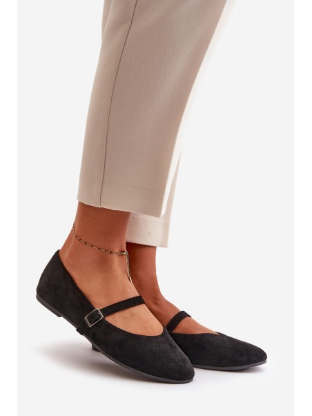 Flat Ballet Shoes With Strap Eco Suede Black Tirilina
