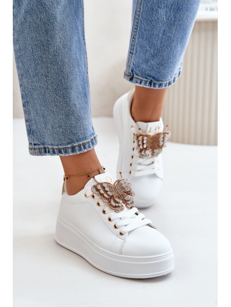 Women's Platform Sneakers With Butterfly White-Gold Naritevia