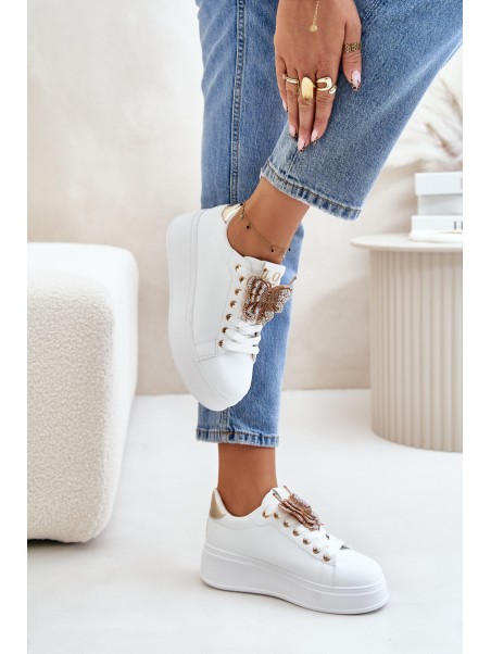Women's Platform Sneakers With Butterfly White-Gold Naritevia