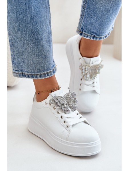 Women's Platform Sneakers With Butterfly White-Silver Naritevia