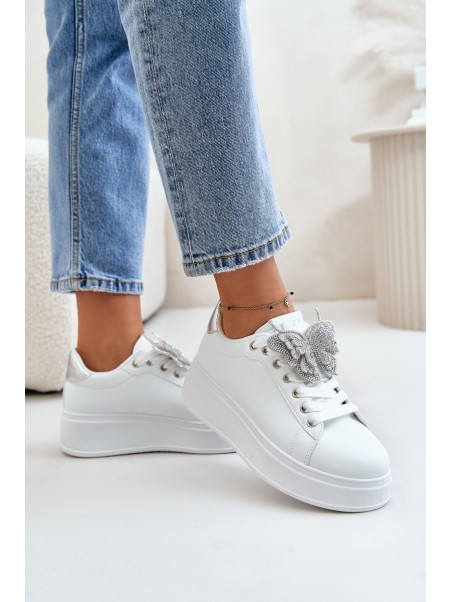 Women's Platform Sneakers With Butterfly White-Silver Naritevia