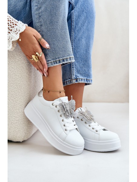 Women's Platform Sneakers With Butterfly White-Silver Naritevia