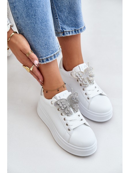 Women's Platform Sneakers With Butterfly White-Silver Naritevia