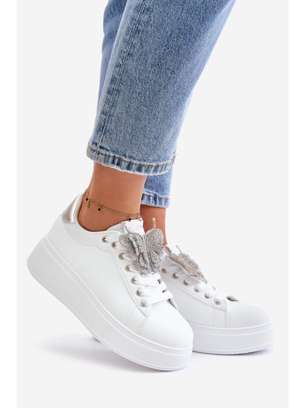 Women's Platform Sneakers With Butterfly White-Silver Naritevia