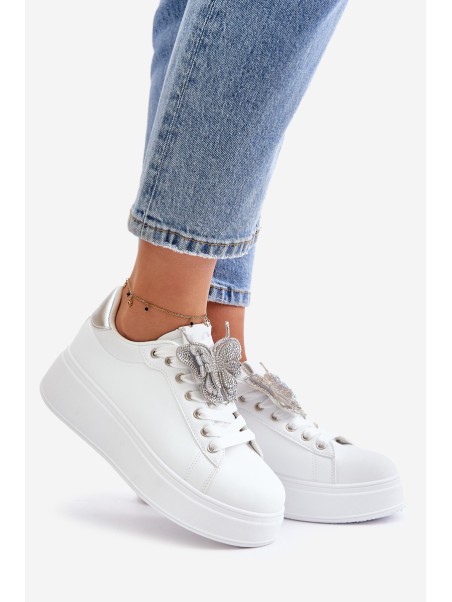Women's Platform Sneakers With Butterfly White-Silver Naritevia