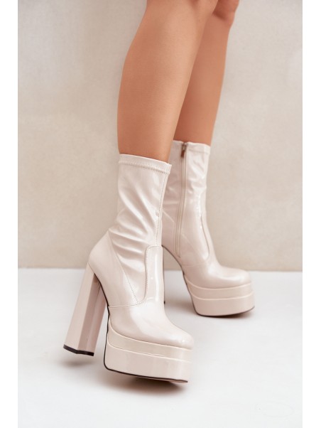 Lacquered Ankle Boots On Platform And High Heel Beige Lotisha