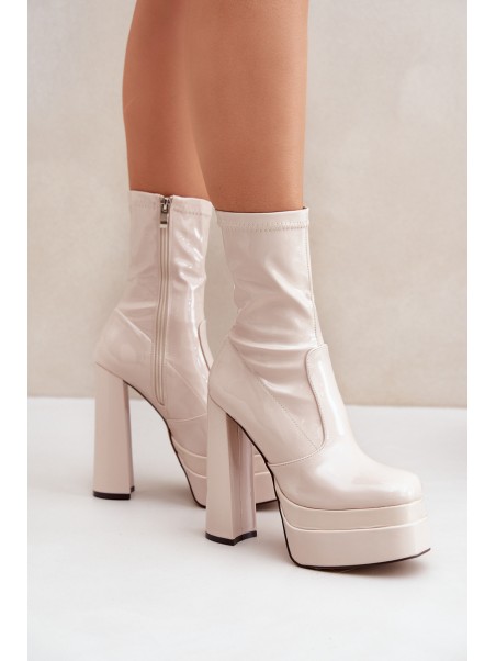 Lacquered Ankle Boots On Platform And High Heel Beige Lotisha