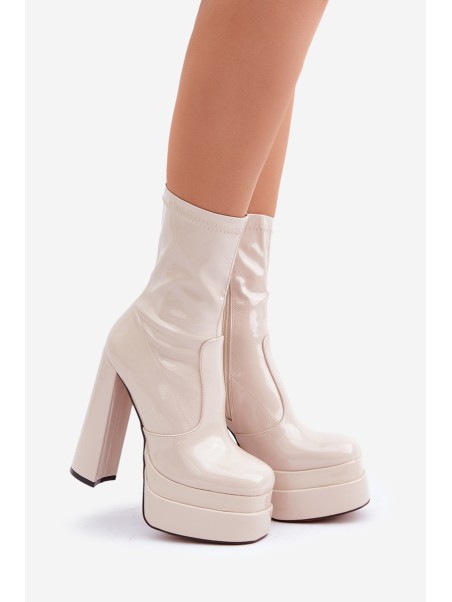 Lacquered Ankle Boots On Platform And High Heel Beige Lotisha