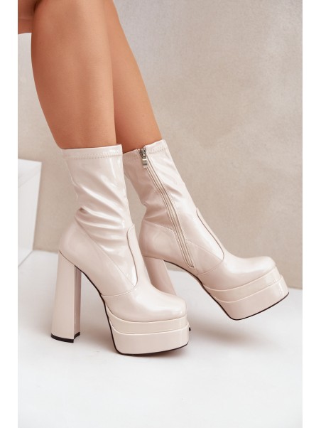 Lacquered Ankle Boots On Platform And High Heel Beige Lotisha