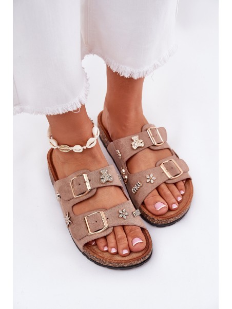 Women's sandals on cork sole with buckles and appliqués khaki Efadelis