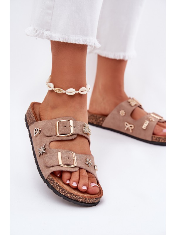 Women's sandals on cork sole with buckles and appliqués khaki Efadelis