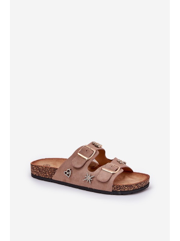 Women's sandals on cork sole with buckles and appliqués khaki Efadelis