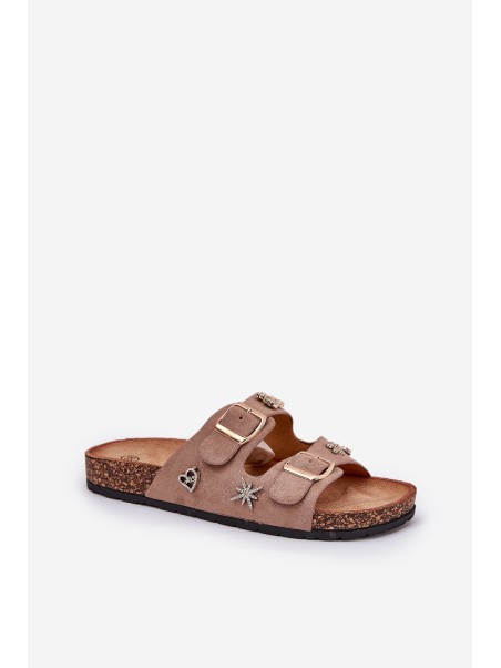 Women's sandals on cork sole with buckles and appliqués khaki Efadelis