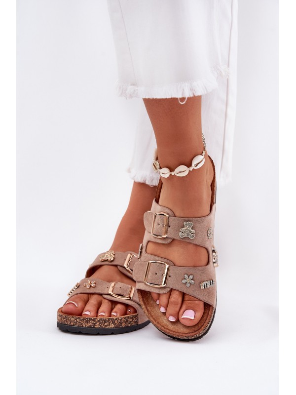 Women's sandals on cork sole with buckles and appliqués khaki Efadelis
