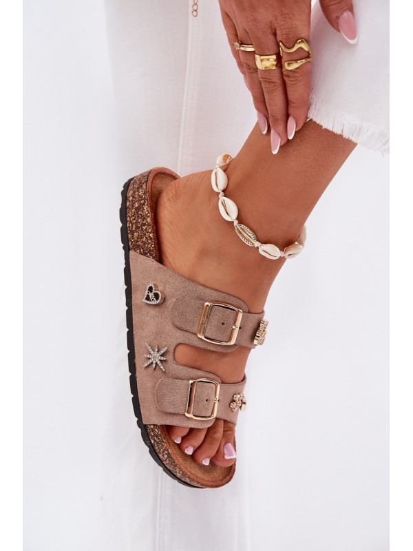 Women's sandals on cork sole with buckles and appliqués khaki Efadelis