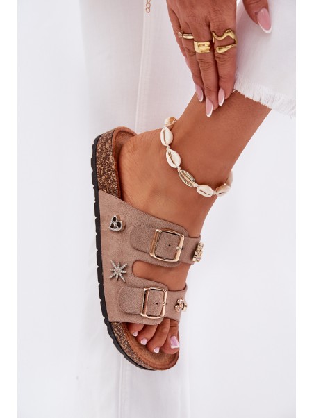 Women's sandals on cork sole with buckles and appliqués khaki Efadelis