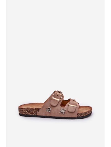 Women's sandals on cork sole with buckles and appliqués khaki Efadelis