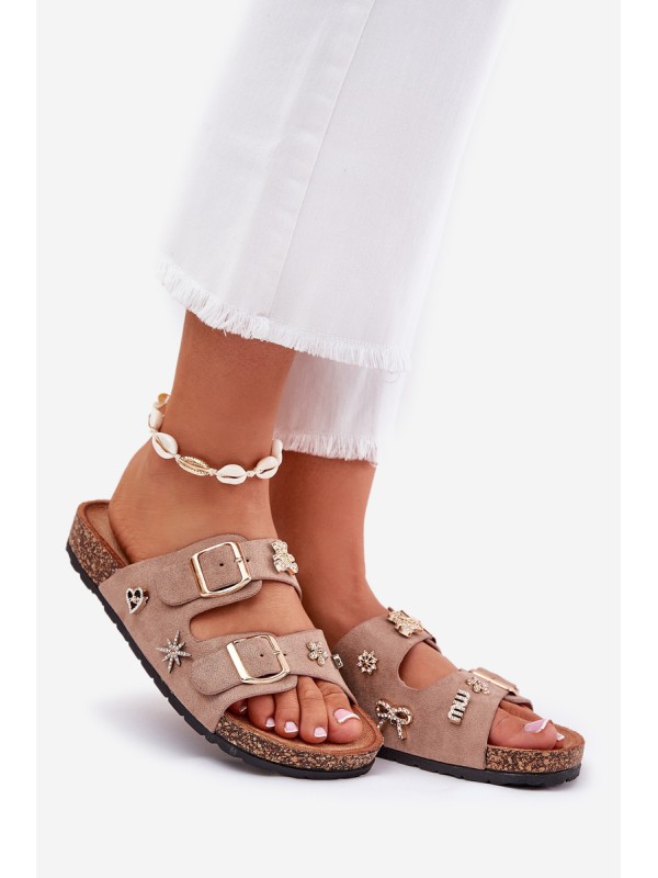 Women's sandals on cork sole with buckles and appliqués khaki Efadelis