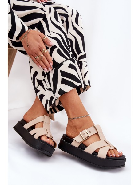 Womens Platform Sandals With Straps And Buckle Beige Elimessa