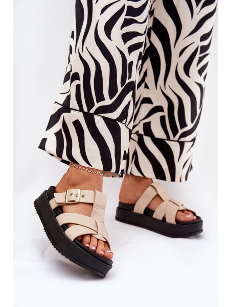 Womens Platform Sandals With Straps And Buckle Beige Elimessa