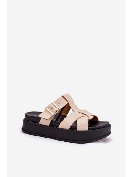 Womens Platform Sandals With Straps And Buckle Beige Elimessa