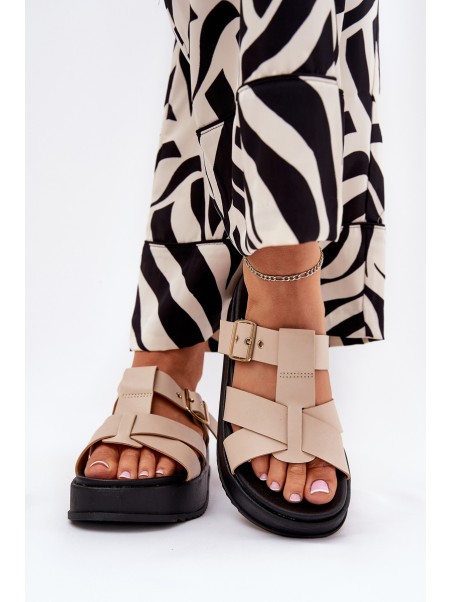 Womens Platform Sandals With Straps And Buckle Beige Elimessa