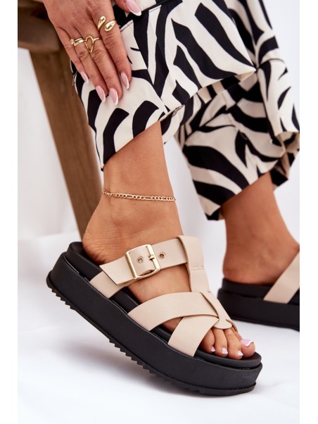 Womens Platform Sandals With Straps And Buckle Beige Elimessa