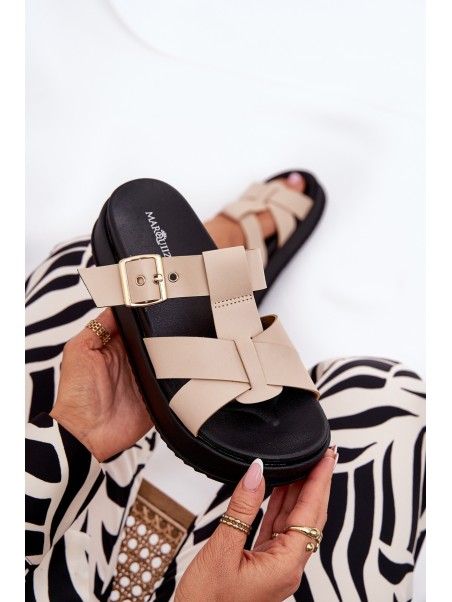 Womens Platform Sandals With Straps And Buckle Beige Elimessa