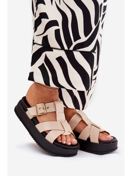 Womens Platform Sandals With Straps And Buckle Beige Elimessa