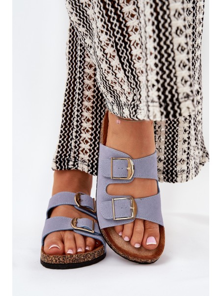 Womens Sandals On Cork Platform With Golden Buckles Blue Lisavionea
